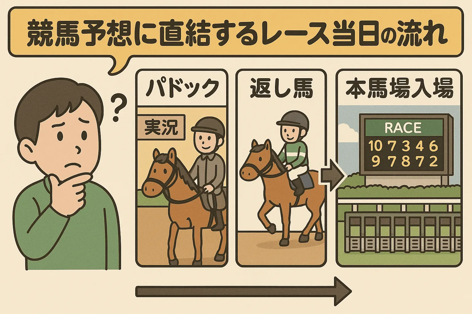 競馬予想に役立つレース当日の流れ図解